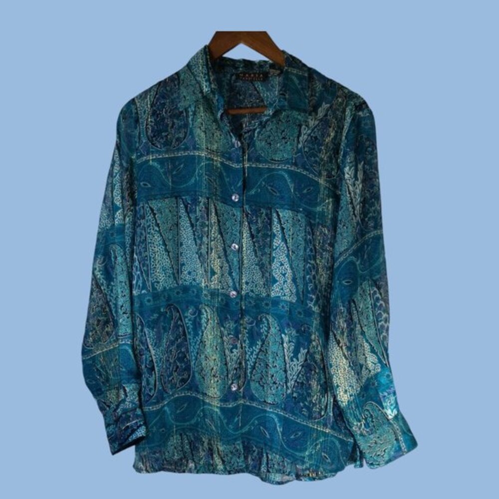 Maria Gabrielle Blue Paisley Button Down Blouse Size Large